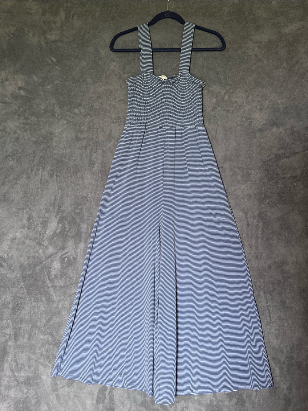 easel Blue and White Striped Smocked Jumpsuit wide leg size large